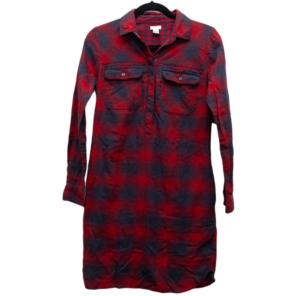 J.Crew Factory Store Red Plaid Tie Neck Shirtdress - Cozy Flannel, Size XXS